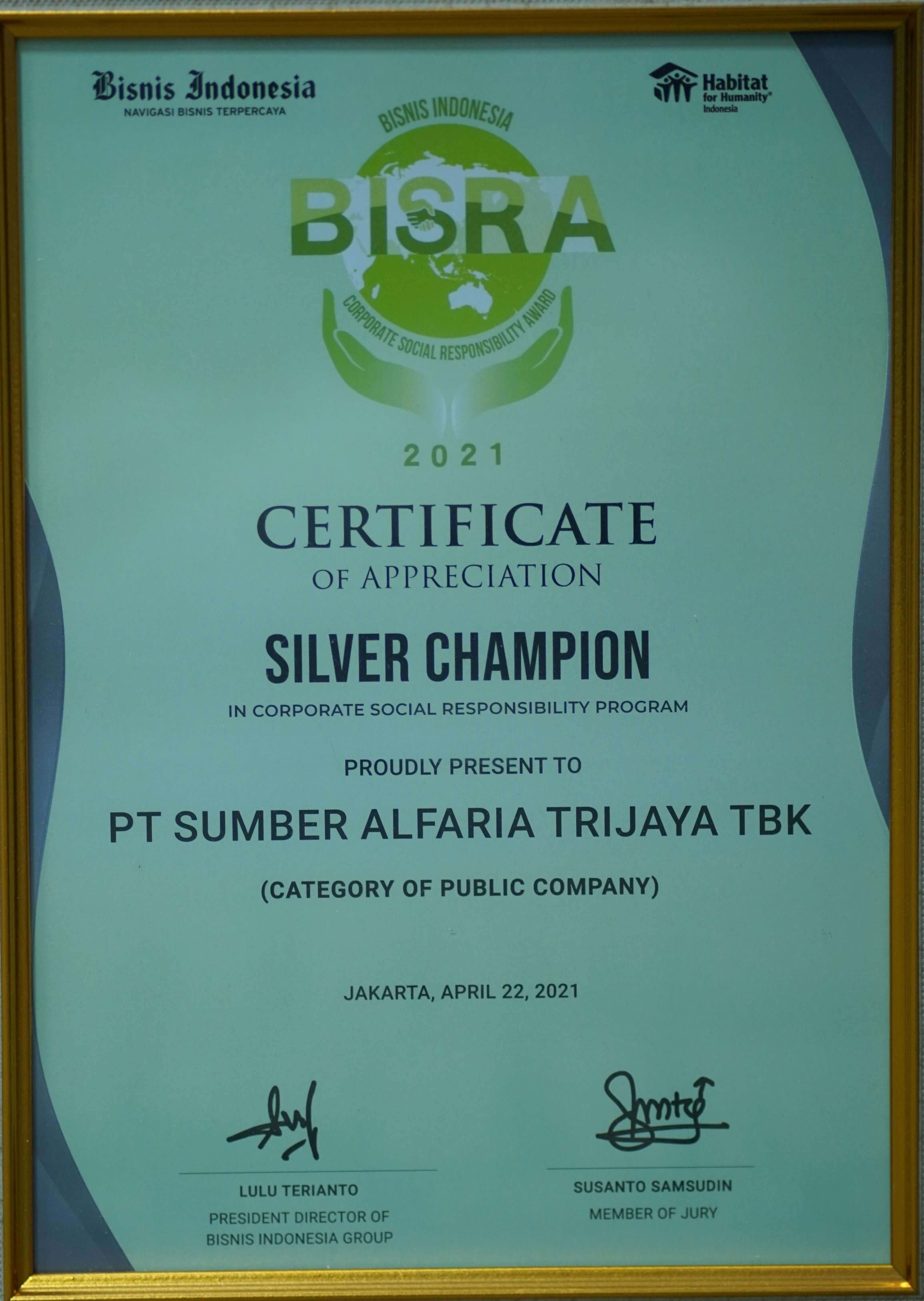 Image reward Silver Champion in Corporate Social Responsibility dari Bisnis Indonesia Social Responsibility Award (BISRA)